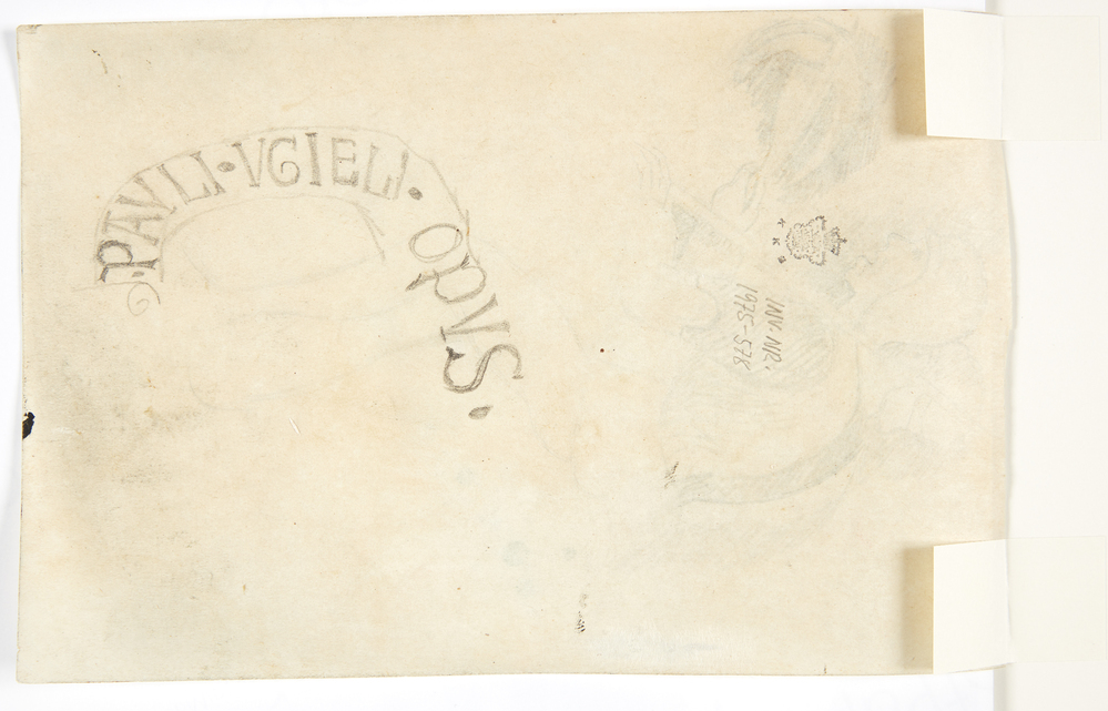 Skitse af Uccellos signatur. To krigere med lanse og armbrøst. Kompositionsskitse til P. Uccellos "La Battaglia", William Scharff, 1901-1959